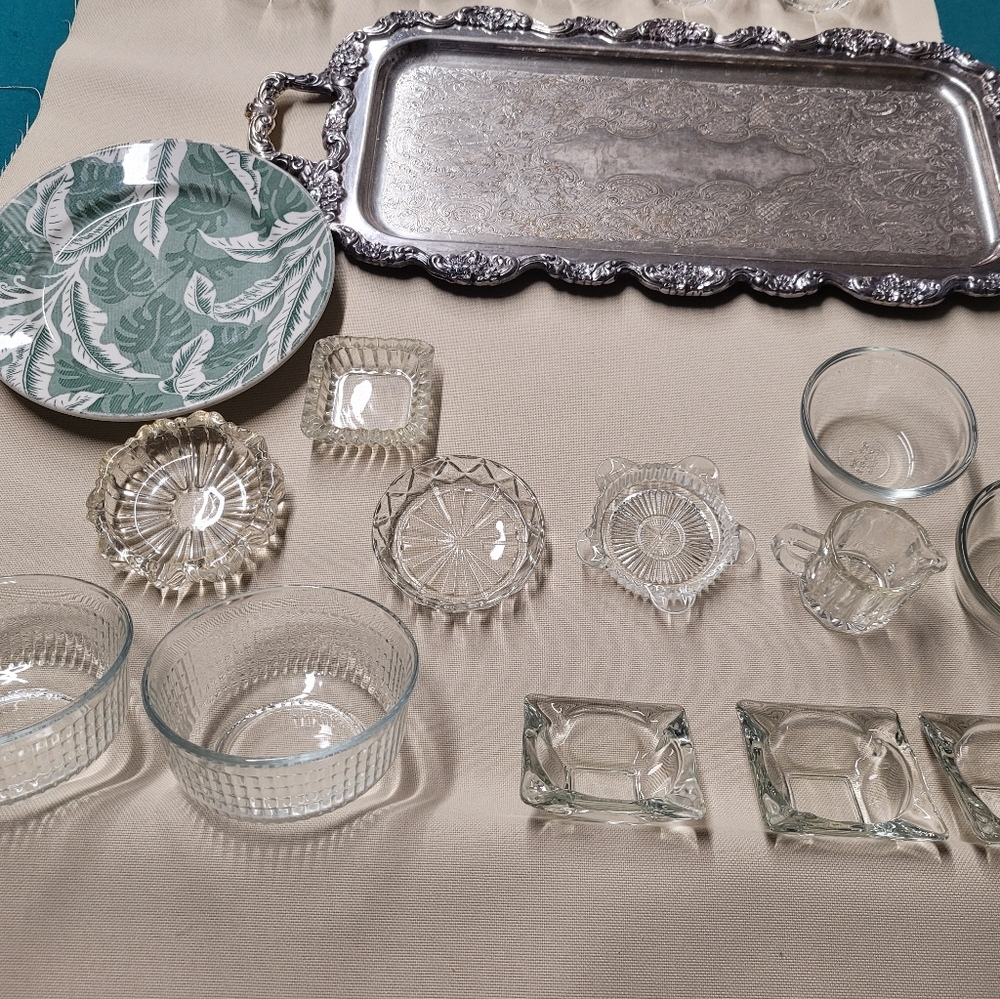 China plate, vintage glass, sterling silver serving dish